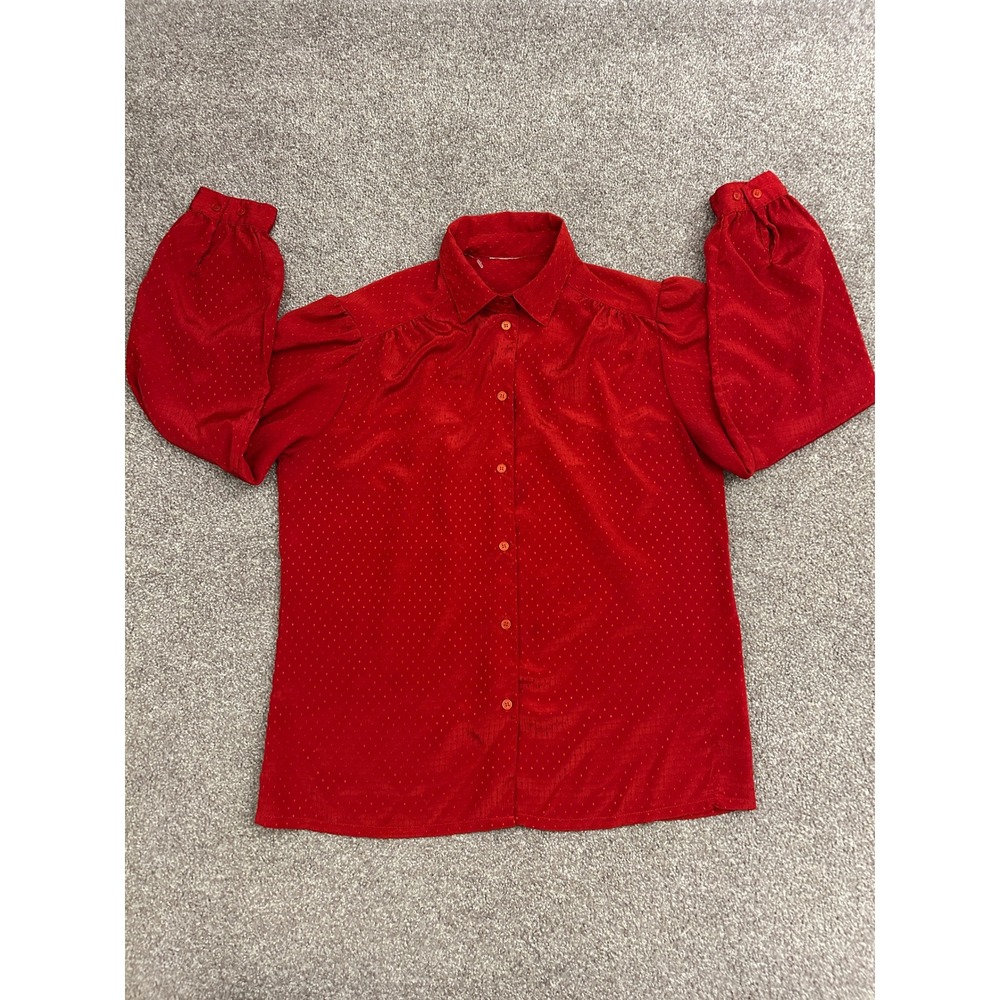 Vintage Swiss Dot Button Down Blouse Womens L Red Excellent Puff Sleeve Retro